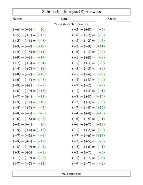The Subtracting Mixed Integers from -9 to 9 (50 Questions; All Parentheses) (E) Math Worksheet Page 2