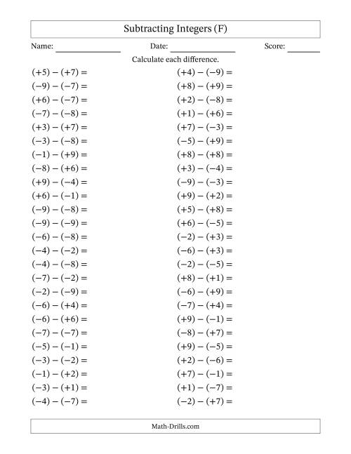 The Subtracting Mixed Integers from -9 to 9 (50 Questions; All Parentheses) (F) Math Worksheet