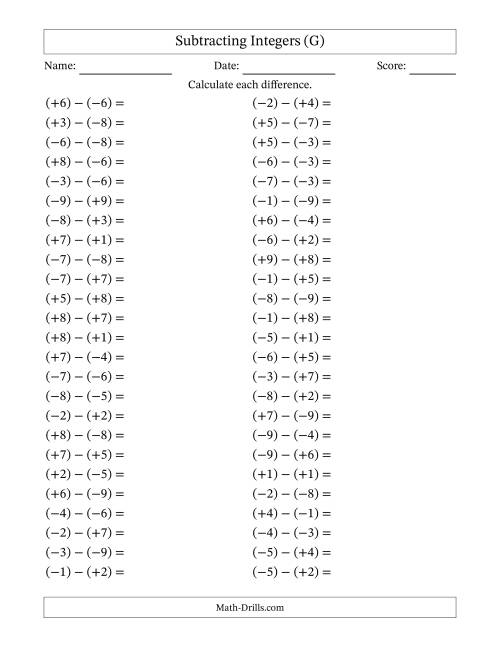 The Subtracting Mixed Integers from -9 to 9 (50 Questions; All Parentheses) (G) Math Worksheet