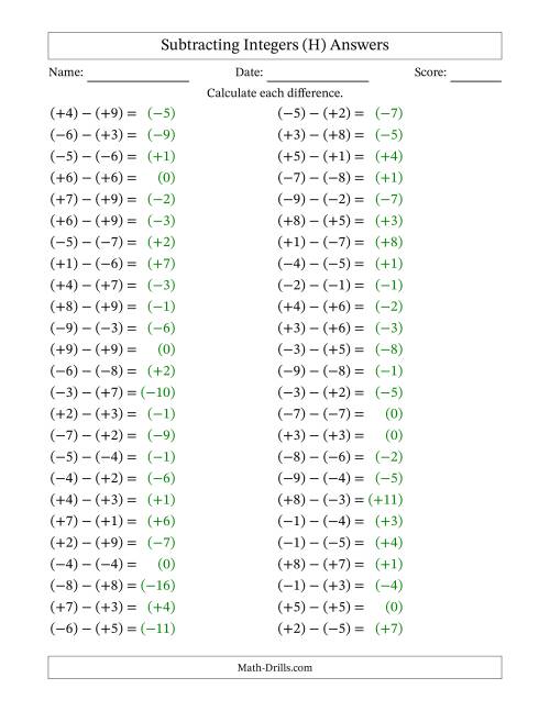 The Subtracting Mixed Integers from -9 to 9 (50 Questions; All Parentheses) (H) Math Worksheet Page 2