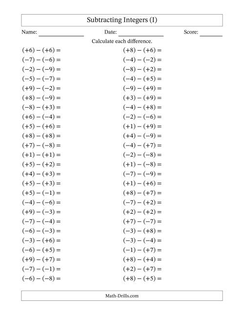 The Subtracting Mixed Integers from -9 to 9 (50 Questions; All Parentheses) (I) Math Worksheet