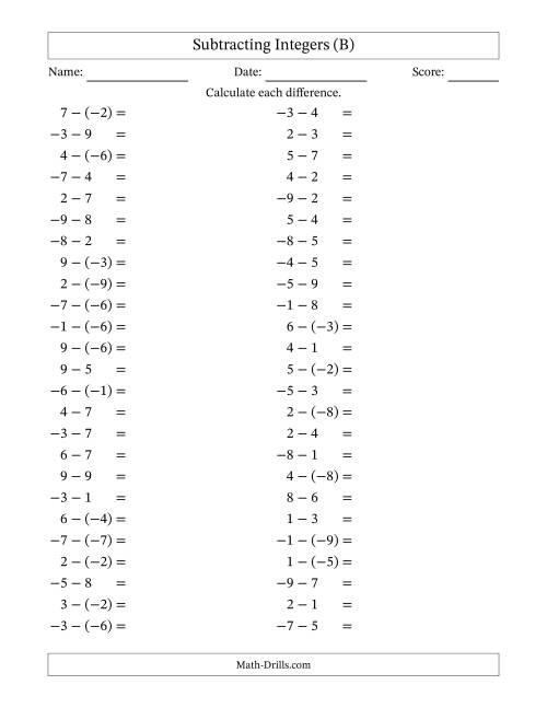 The Subtracting Mixed Integers from -9 to 9 (50 Questions) (B) Math Worksheet