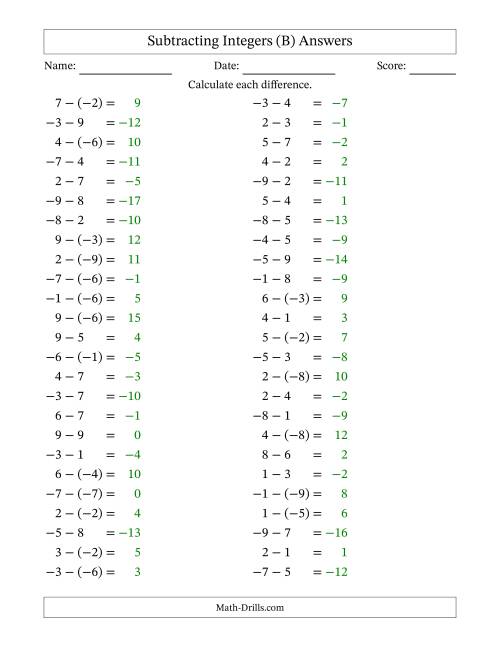 The Subtracting Mixed Integers from -9 to 9 (50 Questions) (B) Math Worksheet Page 2