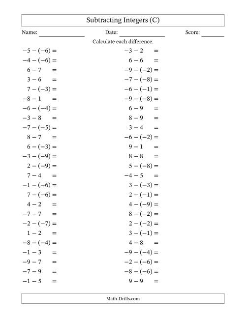 The Subtracting Mixed Integers from -9 to 9 (50 Questions) (C) Math Worksheet