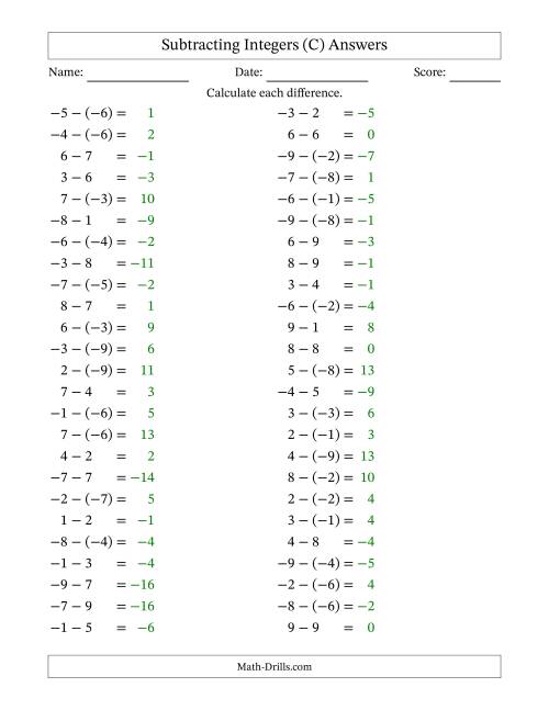 The Subtracting Mixed Integers from -9 to 9 (50 Questions) (C) Math Worksheet Page 2