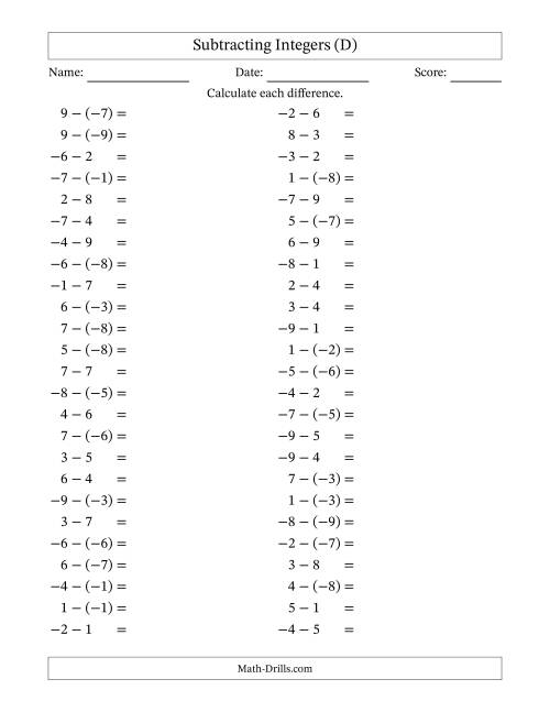 The Subtracting Mixed Integers from -9 to 9 (50 Questions) (D) Math Worksheet