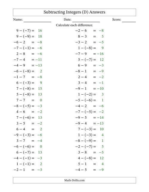 The Subtracting Mixed Integers from -9 to 9 (50 Questions) (D) Math Worksheet Page 2
