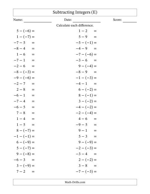 The Subtracting Mixed Integers from -9 to 9 (50 Questions) (E) Math Worksheet