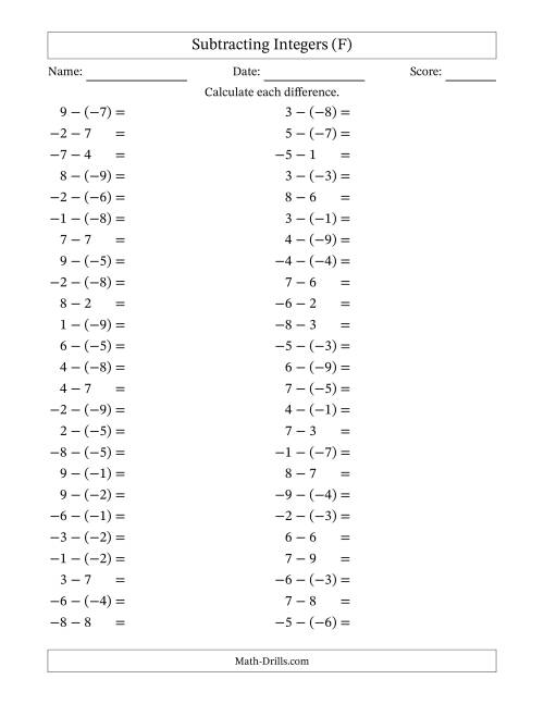 The Subtracting Mixed Integers from -9 to 9 (50 Questions) (F) Math Worksheet
