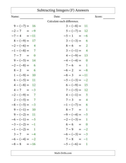 The Subtracting Mixed Integers from -9 to 9 (50 Questions) (F) Math Worksheet Page 2