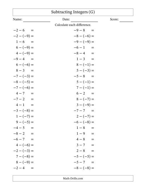 The Subtracting Mixed Integers from -9 to 9 (50 Questions) (G) Math Worksheet