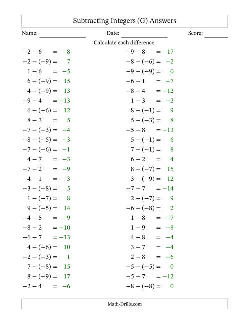 The Subtracting Mixed Integers from -9 to 9 (50 Questions) (G) Math Worksheet Page 2