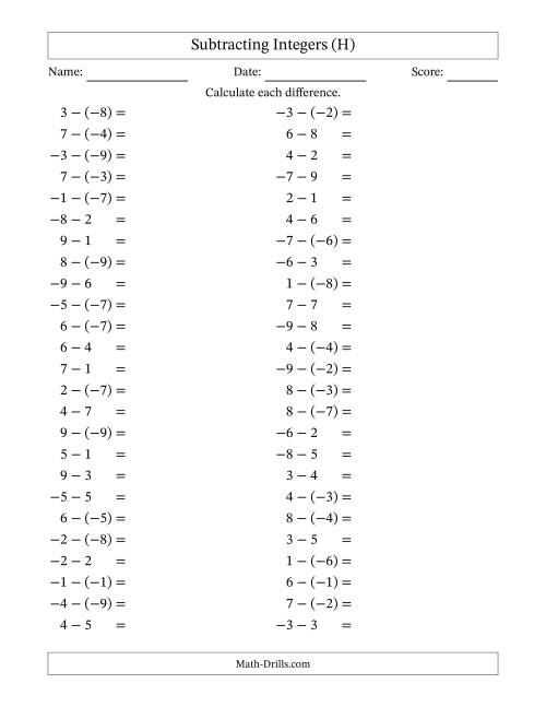 The Subtracting Mixed Integers from -9 to 9 (50 Questions) (H) Math Worksheet