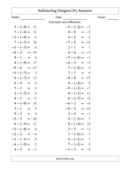 The Subtracting Mixed Integers from -9 to 9 (50 Questions) (H) Math Worksheet Page 2