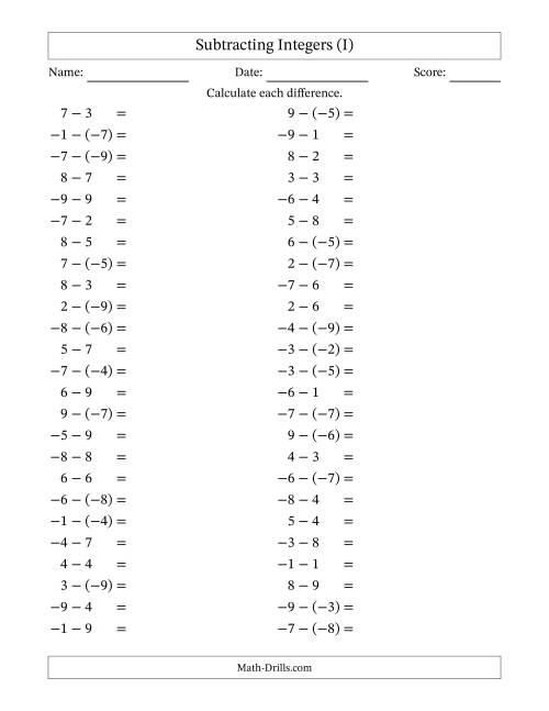 The Subtracting Mixed Integers from -9 to 9 (50 Questions) (I) Math Worksheet