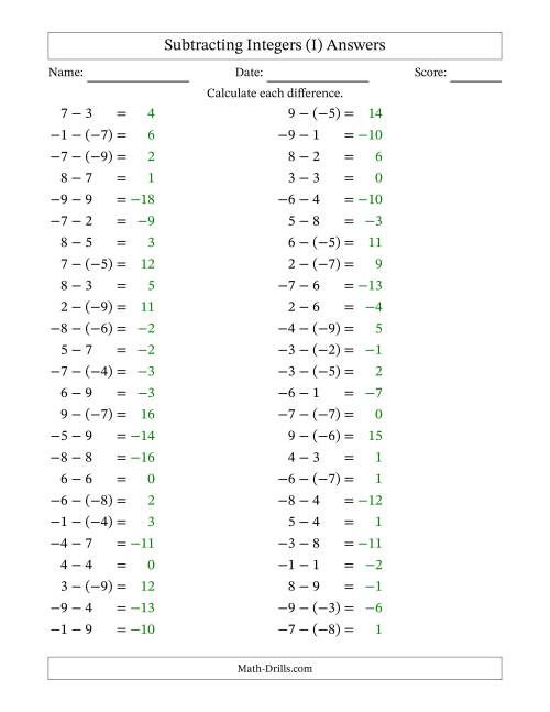 The Subtracting Mixed Integers from -9 to 9 (50 Questions) (I) Math Worksheet Page 2