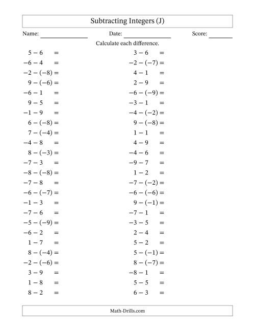 The Subtracting Mixed Integers from -9 to 9 (50 Questions) (J) Math Worksheet