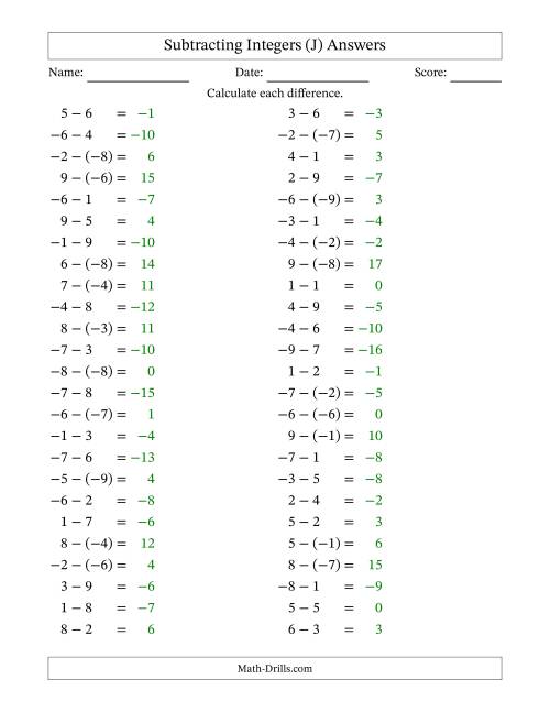 The Subtracting Mixed Integers from -9 to 9 (50 Questions) (J) Math Worksheet Page 2