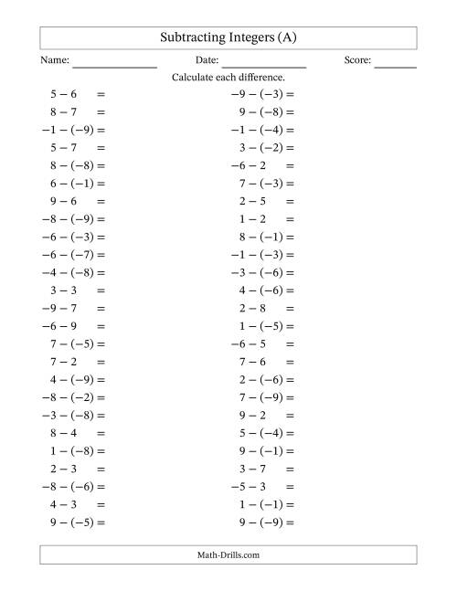 The Subtracting Mixed Integers from -9 to 9 (50 Questions) (All) Math Worksheet