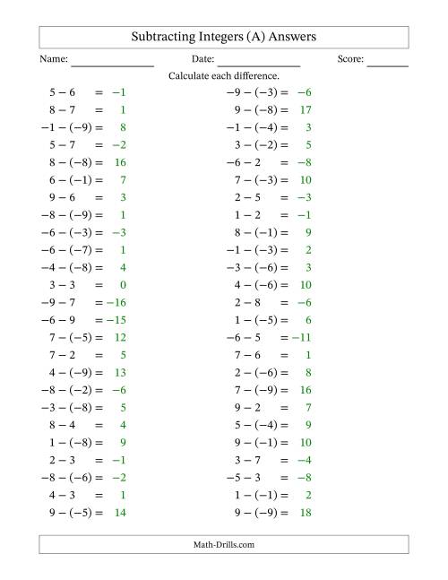 The Subtracting Mixed Integers from -9 to 9 (50 Questions) (All) Math Worksheet Page 2