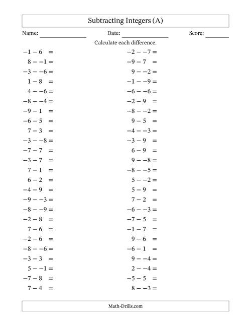 The Subtracting Mixed Integers from -9 to 9 (50 Questions; No Parentheses) (A) Math Worksheet