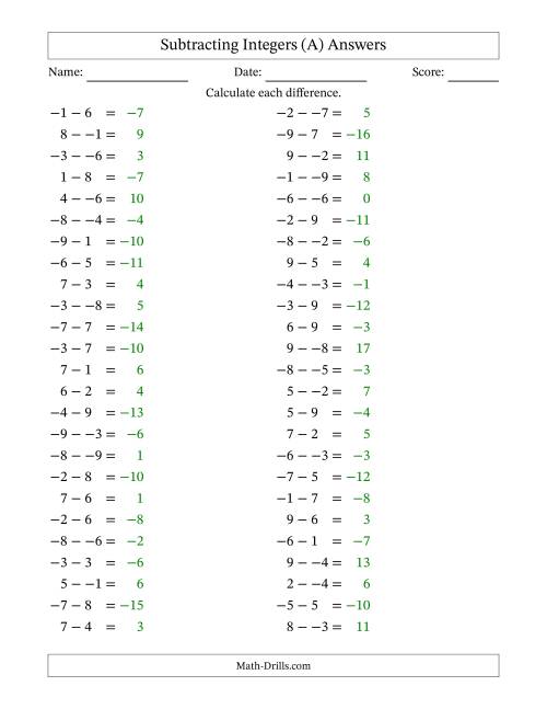The Subtracting Mixed Integers from -9 to 9 (50 Questions; No Parentheses) (A) Math Worksheet Page 2
