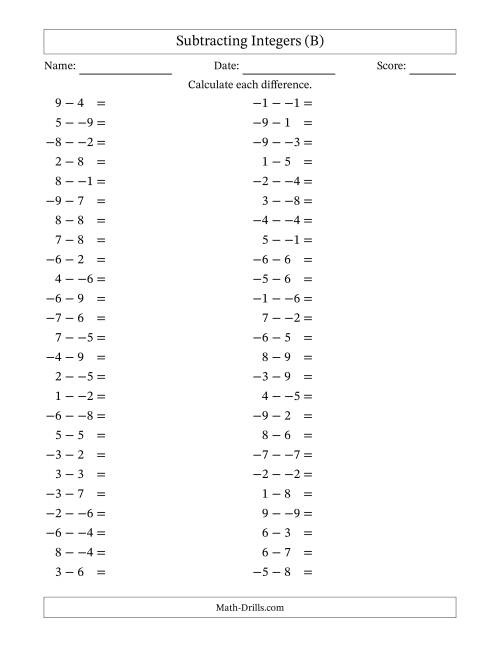 The Subtracting Mixed Integers from -9 to 9 (50 Questions; No Parentheses) (B) Math Worksheet