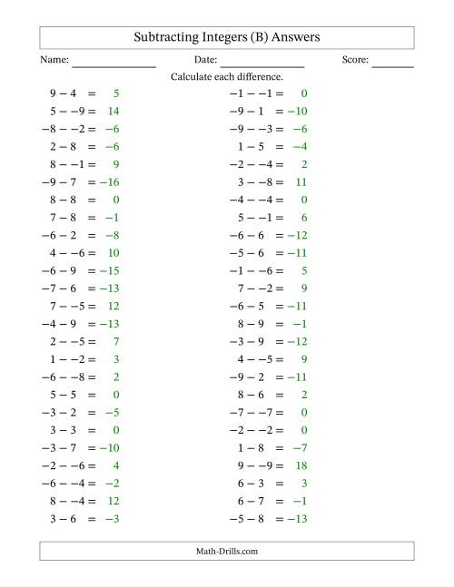 The Subtracting Mixed Integers from -9 to 9 (50 Questions; No Parentheses) (B) Math Worksheet Page 2