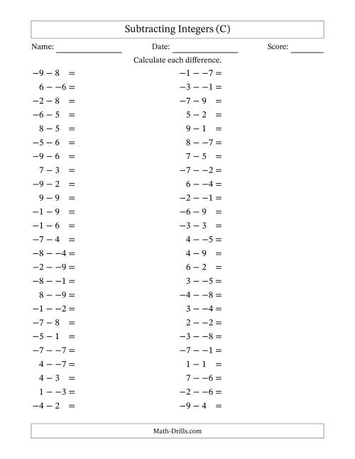 The Subtracting Mixed Integers from -9 to 9 (50 Questions; No Parentheses) (C) Math Worksheet