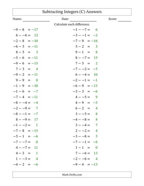 The Subtracting Mixed Integers from -9 to 9 (50 Questions; No Parentheses) (C) Math Worksheet Page 2