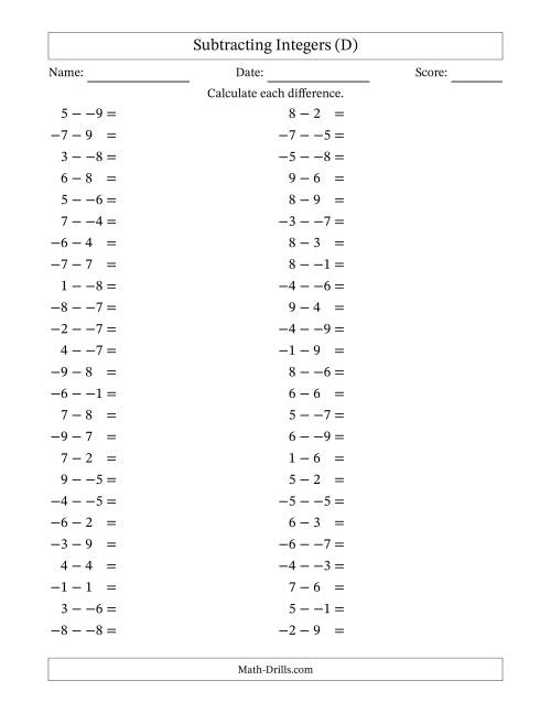 The Subtracting Mixed Integers from -9 to 9 (50 Questions; No Parentheses) (D) Math Worksheet