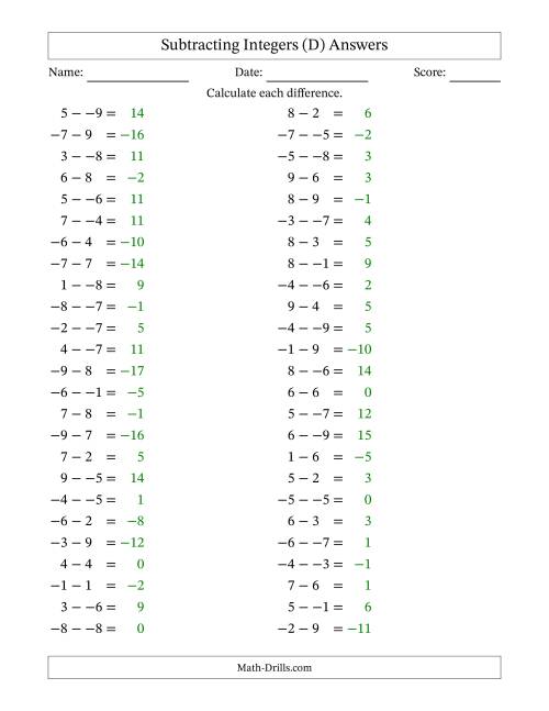 The Subtracting Mixed Integers from -9 to 9 (50 Questions; No Parentheses) (D) Math Worksheet Page 2