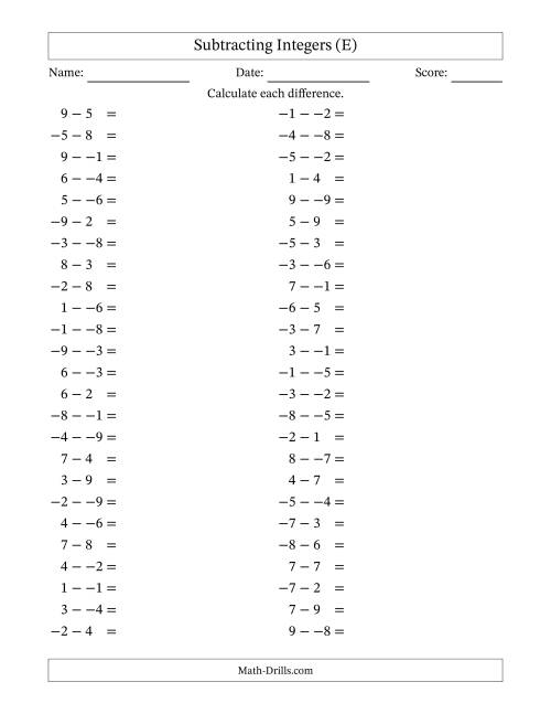 The Subtracting Mixed Integers from -9 to 9 (50 Questions; No Parentheses) (E) Math Worksheet