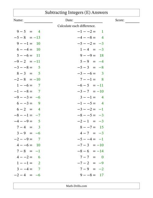 The Subtracting Mixed Integers from -9 to 9 (50 Questions; No Parentheses) (E) Math Worksheet Page 2