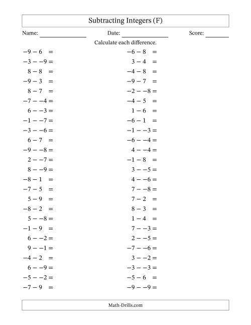 The Subtracting Mixed Integers from -9 to 9 (50 Questions; No Parentheses) (F) Math Worksheet