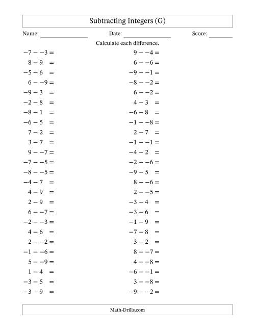 The Subtracting Mixed Integers from -9 to 9 (50 Questions; No Parentheses) (G) Math Worksheet