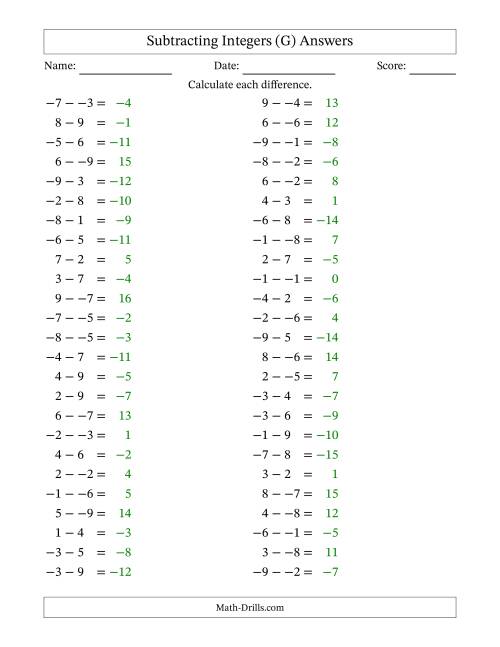 The Subtracting Mixed Integers from -9 to 9 (50 Questions; No Parentheses) (G) Math Worksheet Page 2