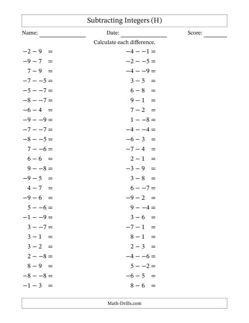 The Subtracting Mixed Integers from -9 to 9 (50 Questions; No Parentheses) (H) Math Worksheet