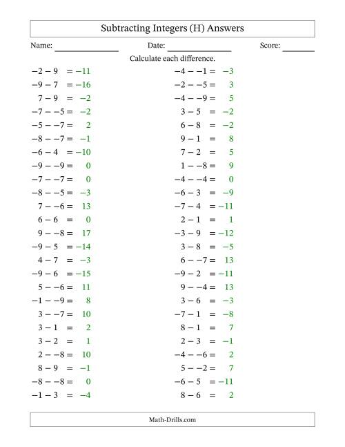 The Subtracting Mixed Integers from -9 to 9 (50 Questions; No Parentheses) (H) Math Worksheet Page 2