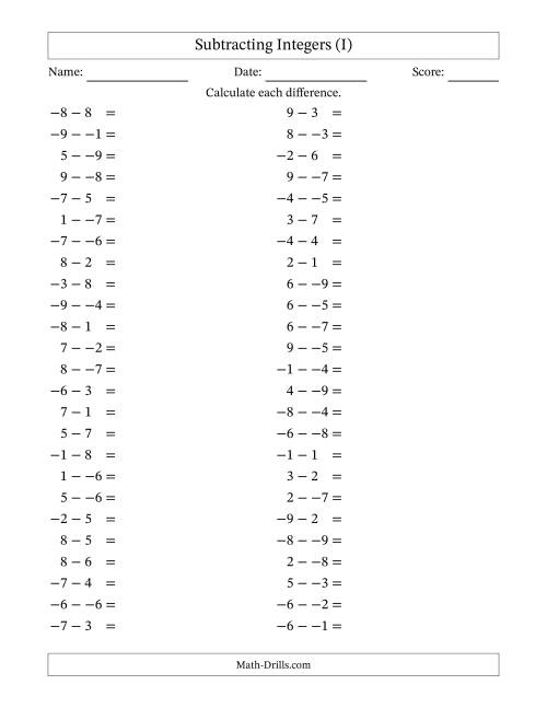 The Subtracting Mixed Integers from -9 to 9 (50 Questions; No Parentheses) (I) Math Worksheet