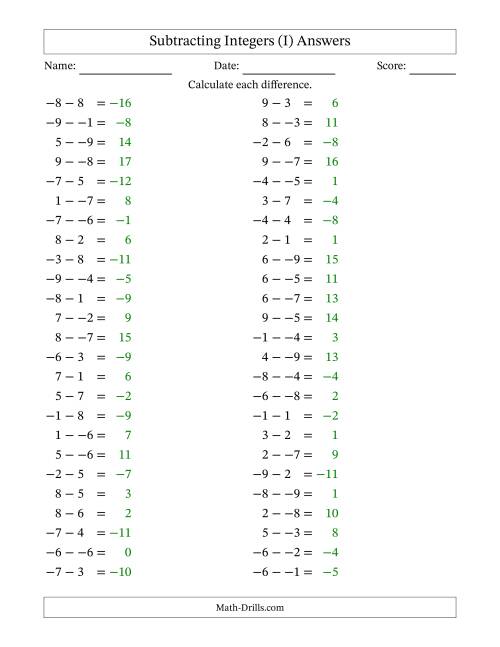 The Subtracting Mixed Integers from -9 to 9 (50 Questions; No Parentheses) (I) Math Worksheet Page 2