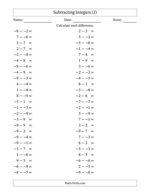 The Subtracting Mixed Integers from -9 to 9 (50 Questions; No Parentheses) (J) Math Worksheet