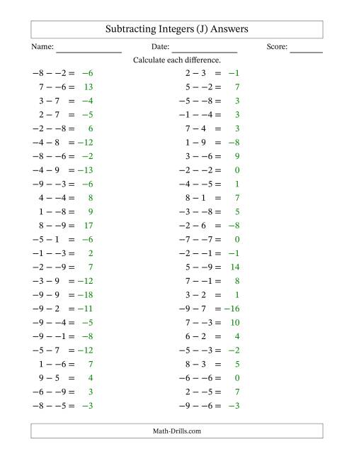 The Subtracting Mixed Integers from -9 to 9 (50 Questions; No Parentheses) (J) Math Worksheet Page 2