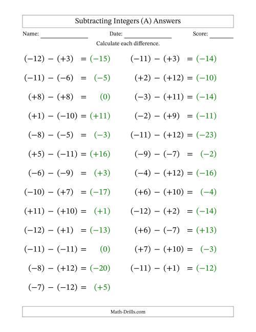 The Subtracting Mixed Integers from -12 to 12 (25 Questions; Large Print; All Parentheses) (A) Math Worksheet Page 2