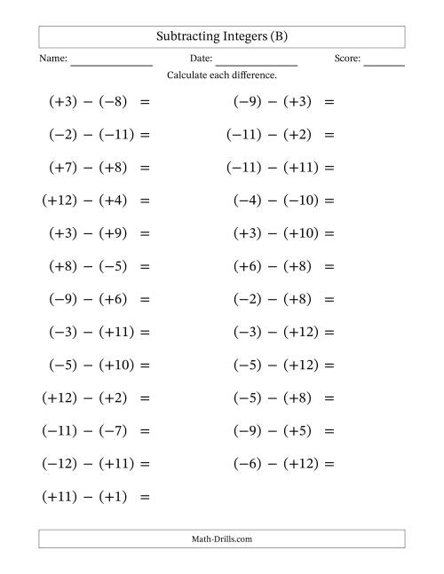 The Subtracting Mixed Integers from -12 to 12 (25 Questions; Large Print; All Parentheses) (B) Math Worksheet