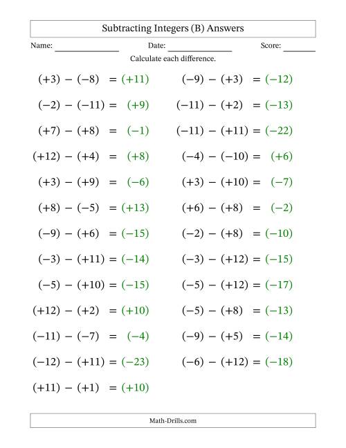 The Subtracting Mixed Integers from -12 to 12 (25 Questions; Large Print; All Parentheses) (B) Math Worksheet Page 2