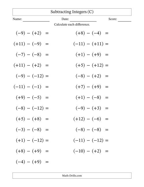 The Subtracting Mixed Integers from -12 to 12 (25 Questions; Large Print; All Parentheses) (C) Math Worksheet
