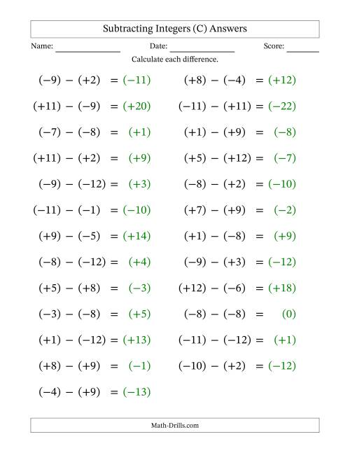 The Subtracting Mixed Integers from -12 to 12 (25 Questions; Large Print; All Parentheses) (C) Math Worksheet Page 2