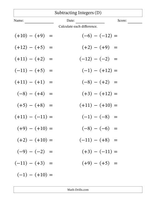The Subtracting Mixed Integers from -12 to 12 (25 Questions; Large Print; All Parentheses) (D) Math Worksheet