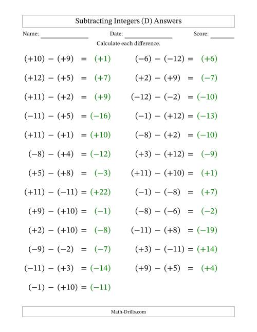 The Subtracting Mixed Integers from -12 to 12 (25 Questions; Large Print; All Parentheses) (D) Math Worksheet Page 2
